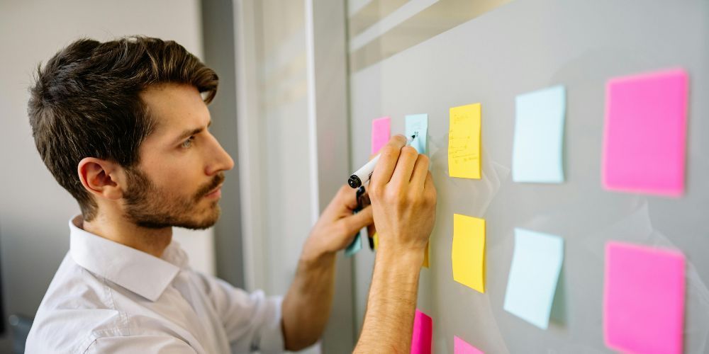 Cross-functional team practicing human-centered design thinking around empathy whiteboard