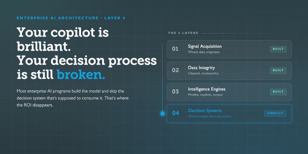 Knowledge worker bottlenecked at a stalled decision step beside a fast AI assistant
