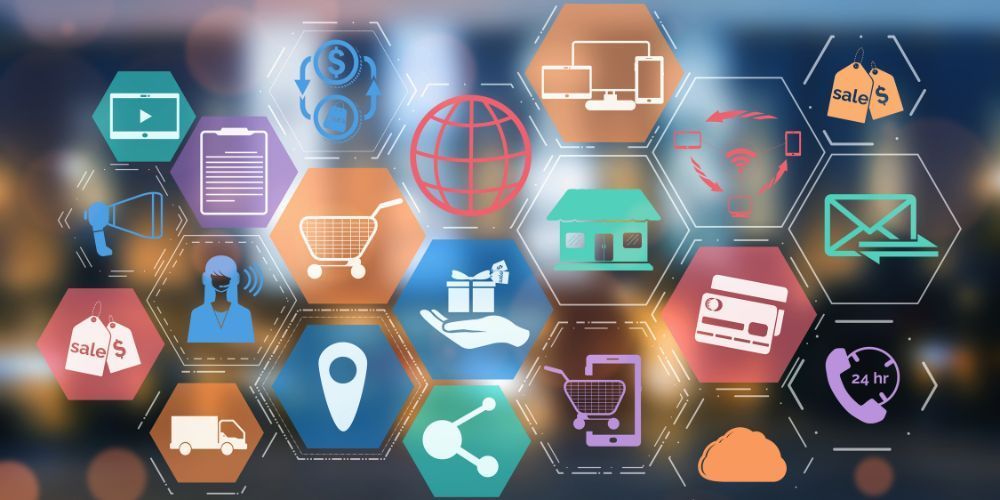 Analyst studying predictive marketing dashboards with charts and forecasting trend lines